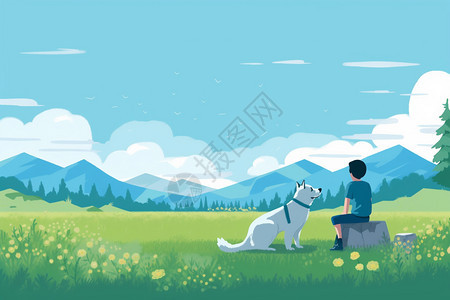 草地上的狗狗和主人插画图片