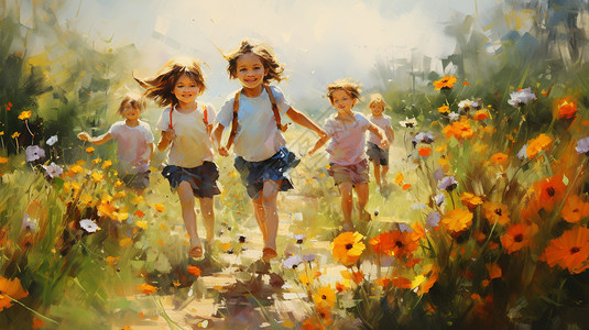 奔跑在花丛中的小孩图片