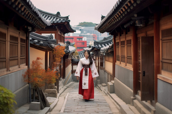在韩国古建筑观光的女孩图片