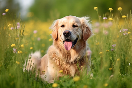 阳光下的草地草地上玩耍的金毛犬背景