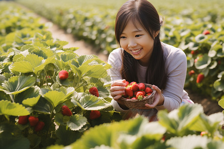 草莓采摘园中的小女孩图片