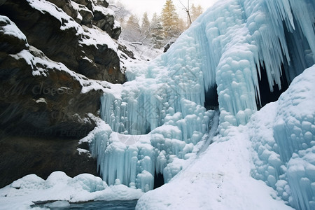 冬季森林公园中的瀑布景观图片