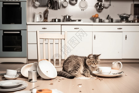 杂乱厨房里的小猫图片