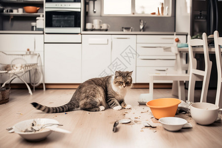 打翻餐具的小猫高清图片