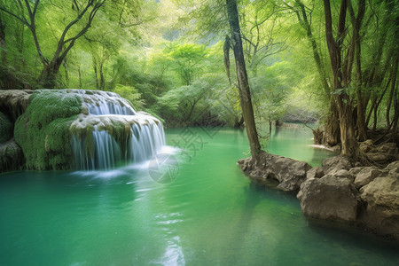 森林公园中瀑布的美丽景观图片