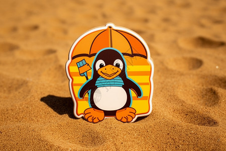 雨伞卡通沙滩上的企鹅贴纸背景