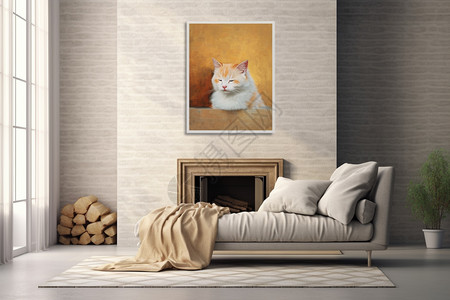 现代家居中的猫咪壁画背景图片