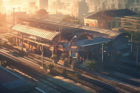 日落期间的火车站插图图片