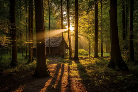 阳光穿过树林景观图片
