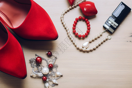 项链和红色高跟鞋背景图片