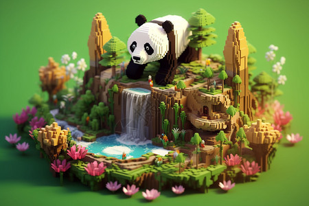 瀑布上的玩具熊猫图片