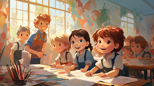 艺术卡通教室内的孩子们背景