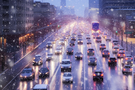 下雪马路冬季的城市街道背景