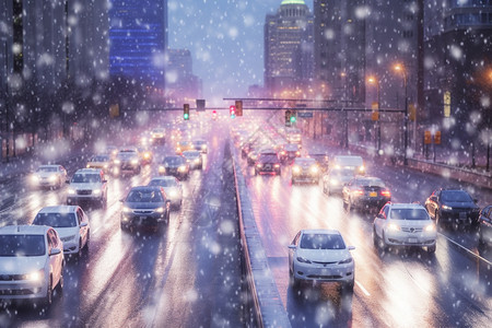 雪中繁忙的城市大街图片