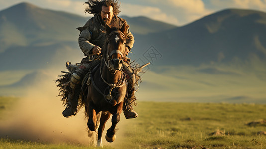 草原中骑马的男人图片