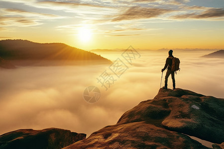 登山背影岩石上站立的男人背景