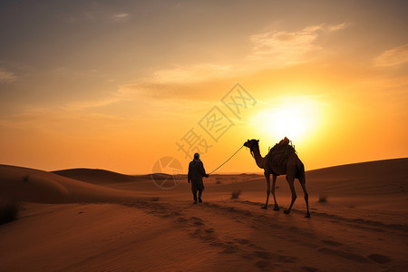 沙漠中的男人和骆驼图片