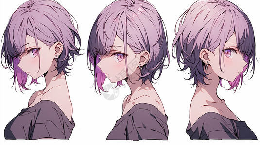 紫色短发女孩身体三视图背景图片