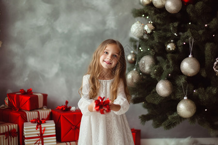 站圣诞树前的开心女孩图片