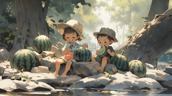 夏天森林河边吃西瓜的孩子图片