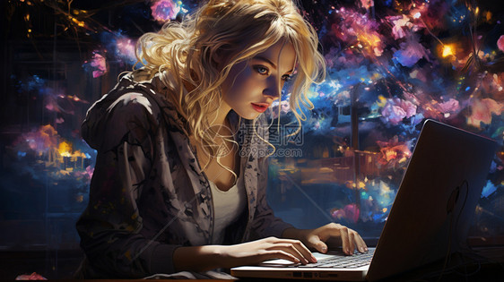 玩电脑的外国女生艺术插图图片