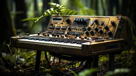 户外丛林中破旧的电子琴图片