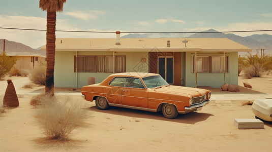 沙漠中的橙色复古汽车图片