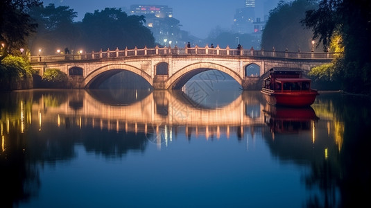 夜晚拱桥的景观图片