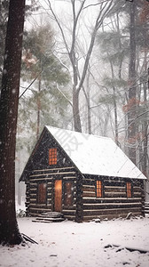 冬天森林中的小木屋背景图片