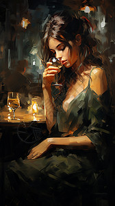 酒吧独自喝酒的女性插图图片