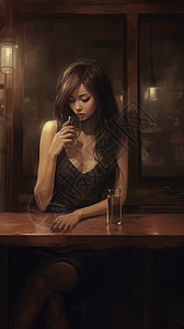 酒吧里独自喝酒的女性插图图片