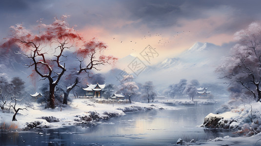 景观露台山间雪景的美丽景观插画