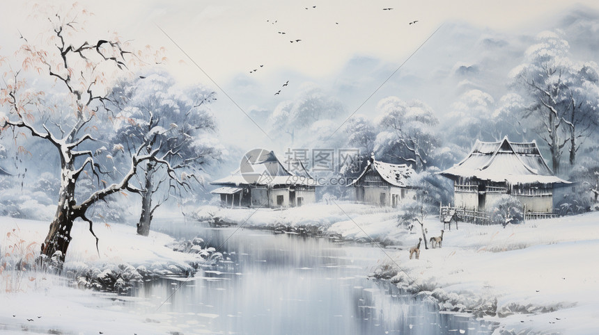 雪后的河边房屋插图图片