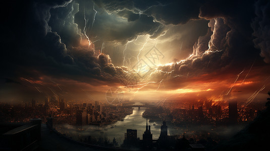 龙卷风席卷大城市概念图背景图片