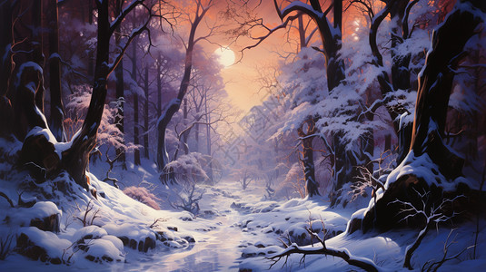 日落时冬天森林景观的插图图片