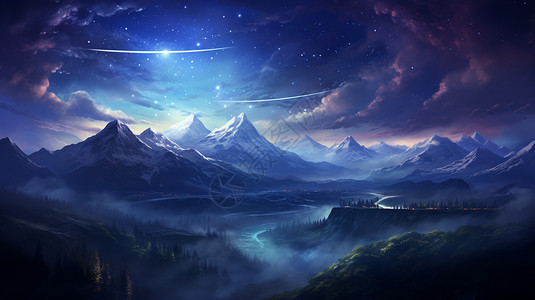 夜晚雪山中的星空插图图片
