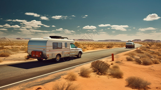 沙漠公路中的露营车图片