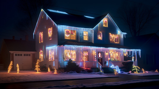 庆祝圣诞节的房屋彩灯装饰背景图片