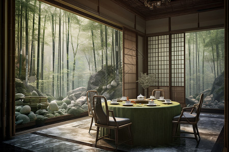 宁静的竹林茶馆背景图片