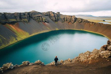 火山口湖边的男子图片