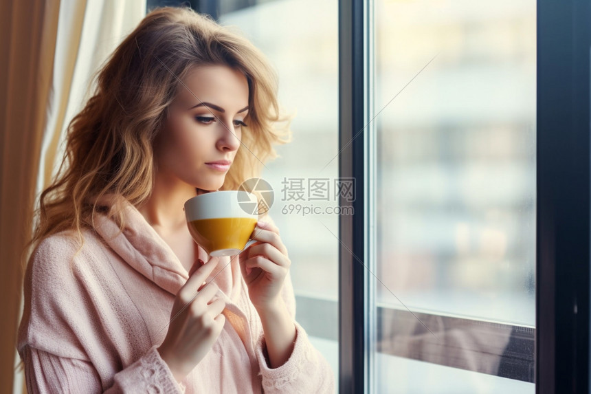 家居喝咖啡的外国女子图片