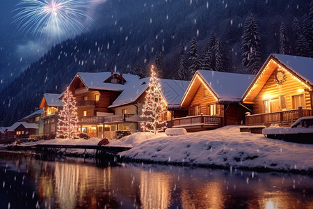 湖边上的圣诞小屋图片