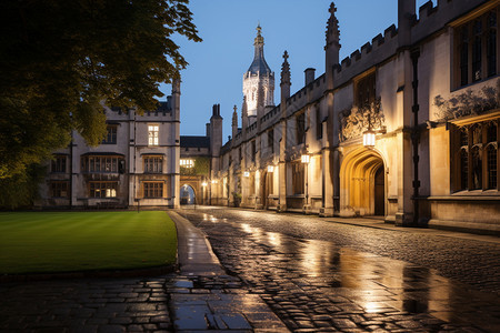 夏季夜晚剑桥大学建筑的景观图片