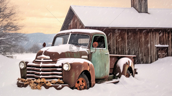 下雪天谷仓外的卡车图片