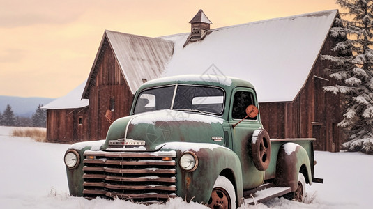冬天谷仓外的卡车图片