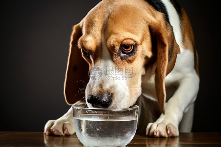 正在喝水的比格犬图片