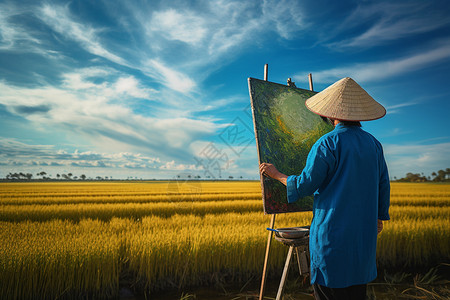 稻田写生的画家背景图片