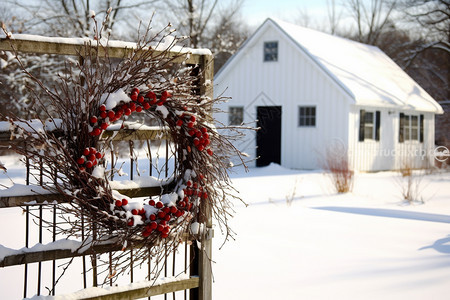 谷仓大门上的圣诞节花环图片