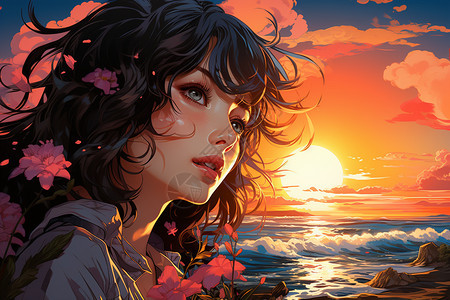 落日沙滩边少女背景图片