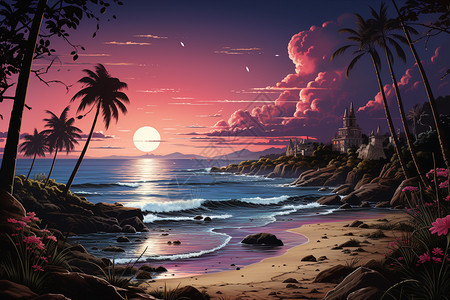 日落染红夏威夷岛图片